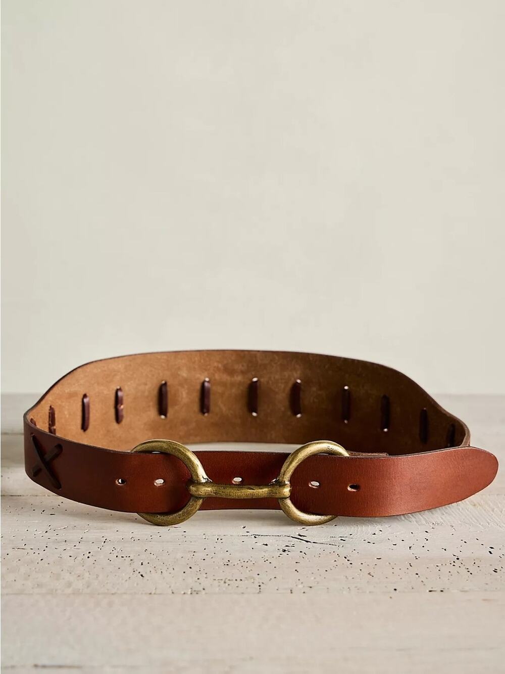 Free People Cognac Leather Waist Belt with Antique Brass Double Ring